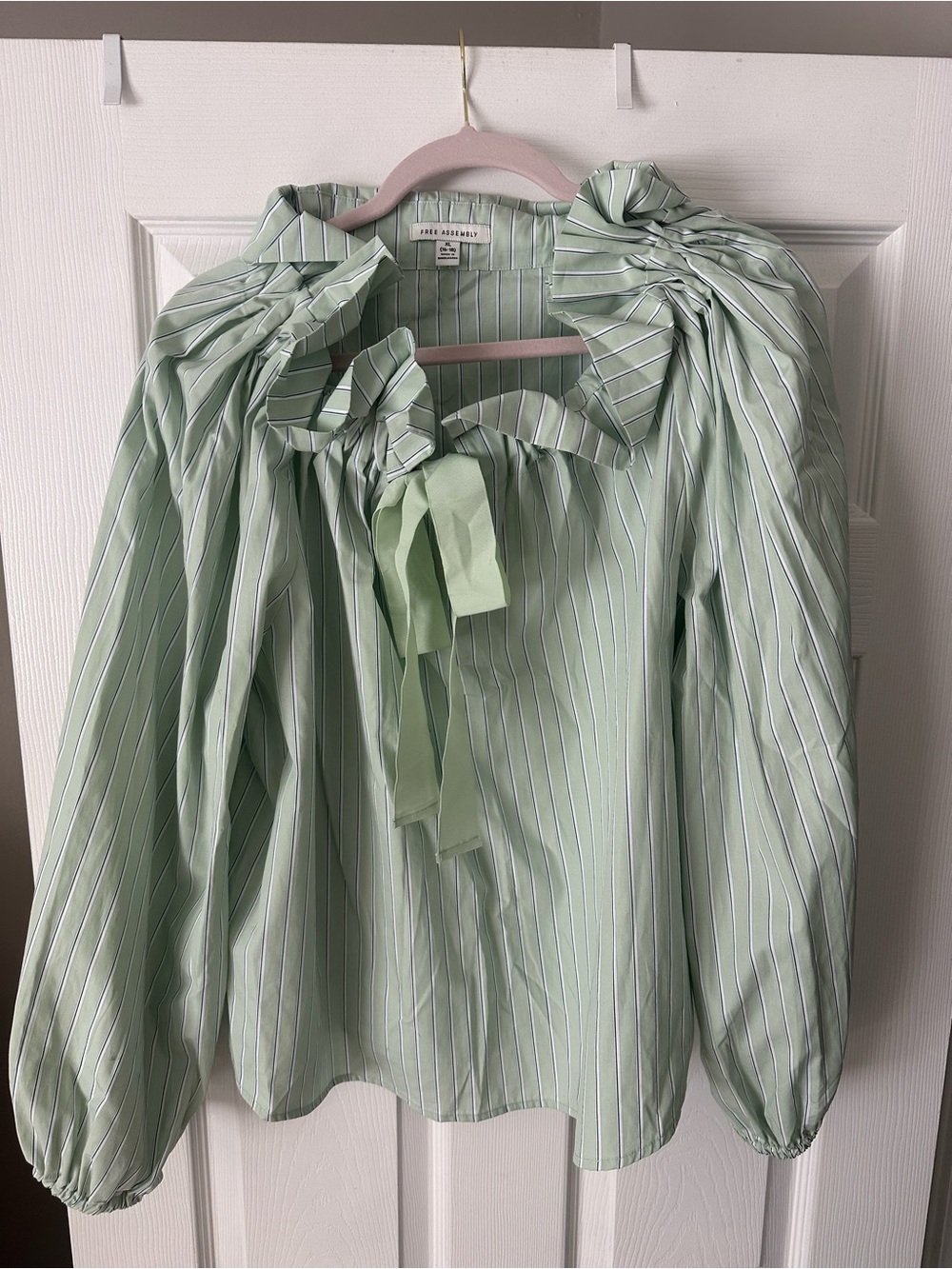Bow-Neck Striped Blouse in Mint Green